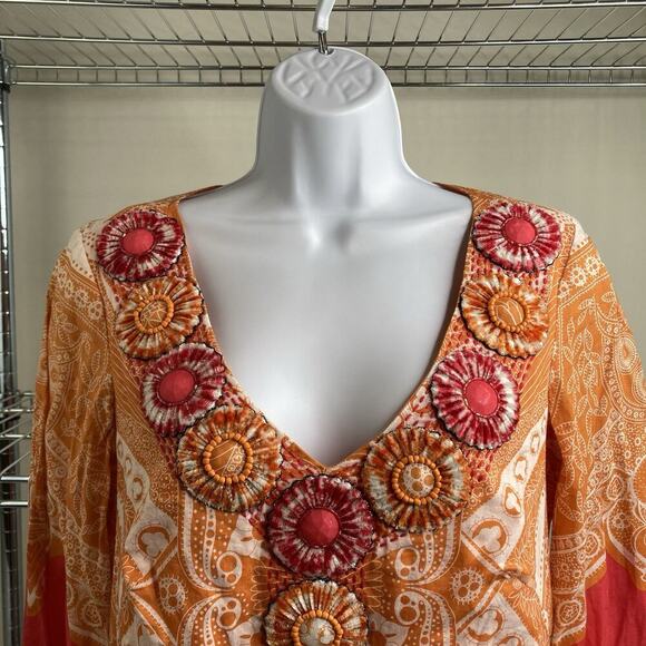 Vintage Threads‎ Saks Fifth Avenue Orange Embroidered Dress Size S Boho Peasant - Picture 8 of 13